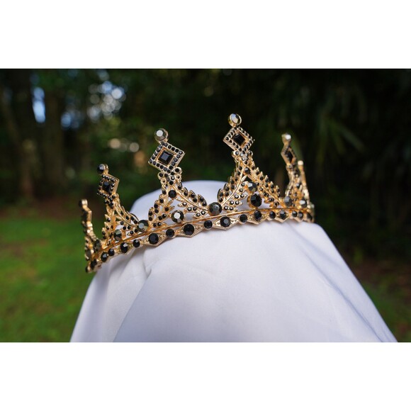 Unisex Vintage Black Gem Gold Tiara Bridal Crown Birthday Wedding Gift Diadem - Picture 5 of 7
